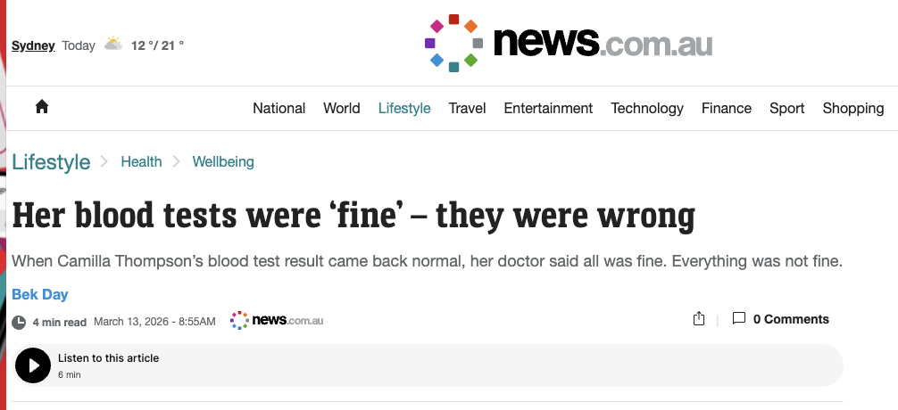 News.com.au - Her Blood Tests Were Fine - They Were Wrong